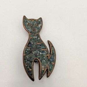 Vintage Mexico Tumbaga Cat Brooch Pin Lot Gold Tone Green Blue Spring